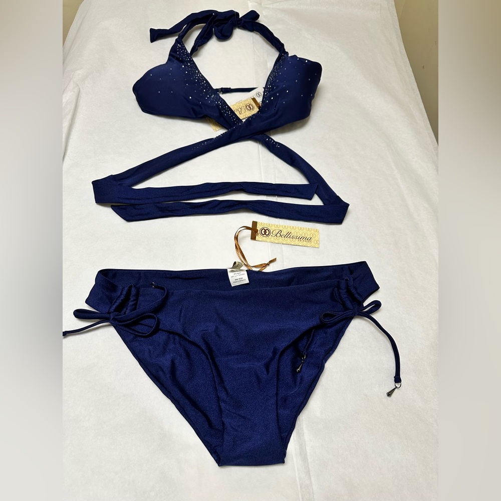 NWT;Bellisima Swimwear Wrap Halter blue Midnight Swarovski bikini 🩵